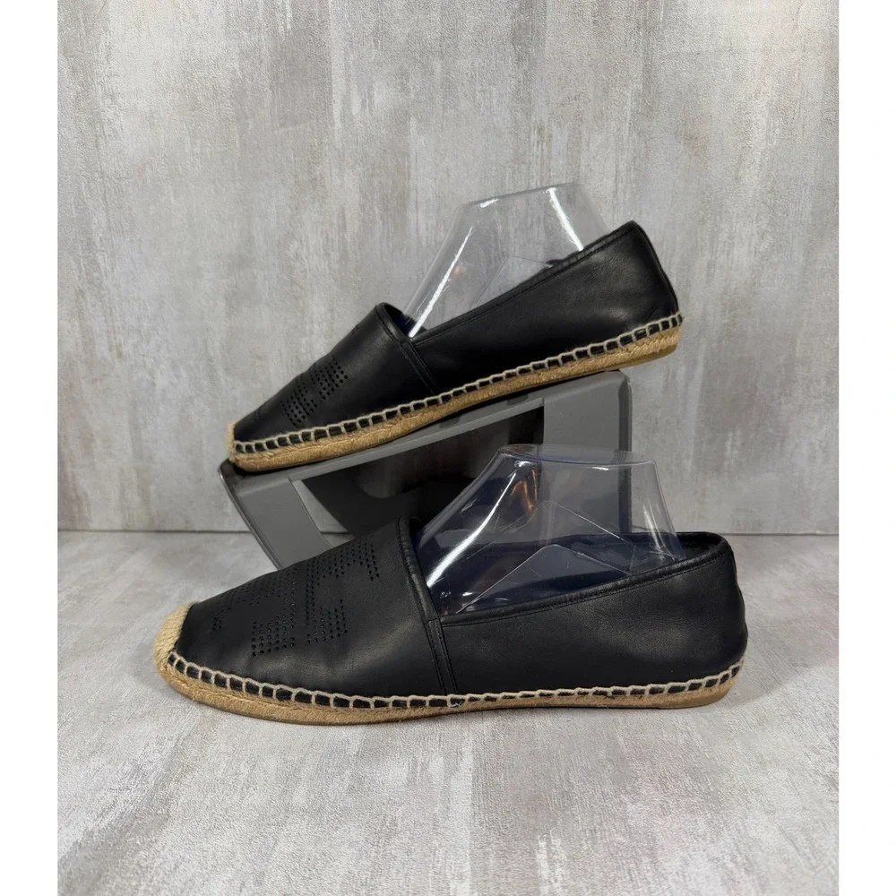 Tory Burch Ines Black Leather Perforated Logo Espadrille Flats Womens 11 50966